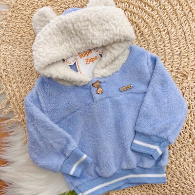 Conj. Casaco Capuz Orelha de Ursinho e Calça de Pelinho - Azul Bebê